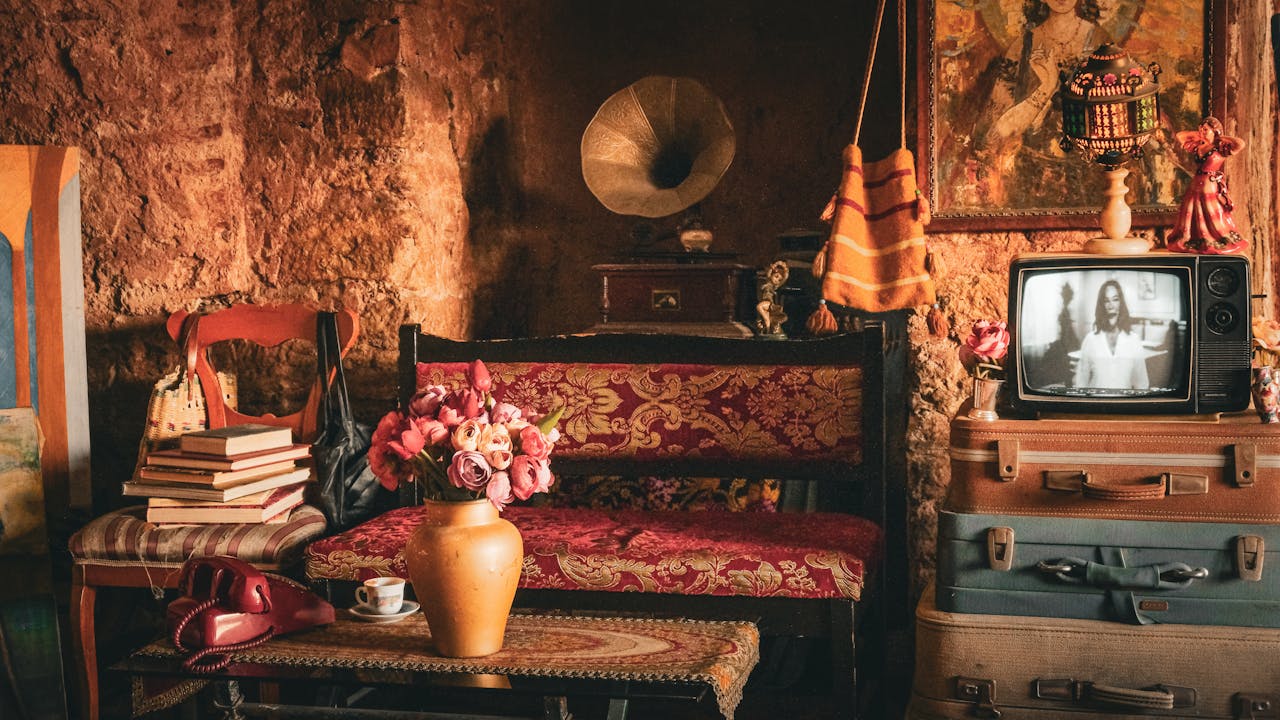 Cozy vintage living room in İstanbul featuring retro TV, gramophone, and floral decor.